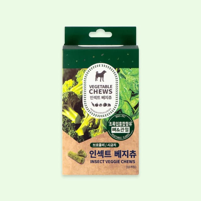 강아지 덴탈껌 벅스펫 인섹트 베지츄 브로콜리 시금치(뼈 관절) 10개입, 25% 적립 혜택 제공
